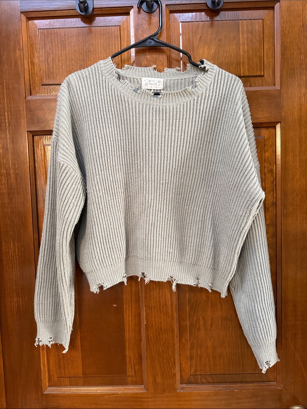 Distressed Ribbed Crewneck Sweater - Light Gray